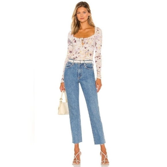 Free People Tops - Free People Floral Fitted Scoop Keyhole Tie Neck Long Sleeve Top
